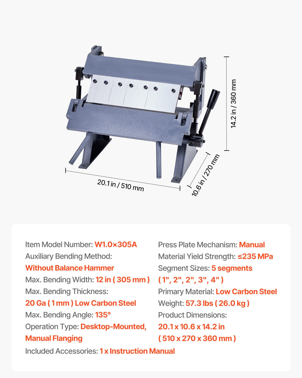 Lakštinio metalo lankstymo staklės VEVOR W1.0×305A, 305 mm