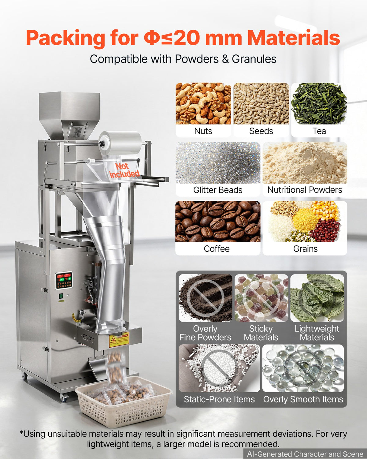 Miltelių ir granulių pakavimo aparatas VEVOR SBF-1000-V2, 10–999 g