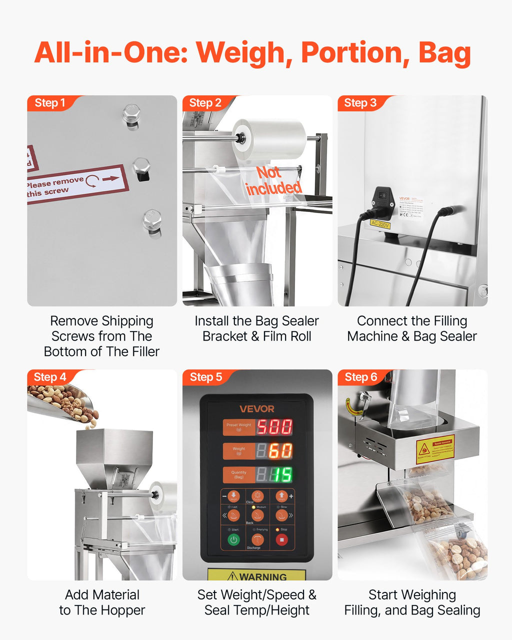 Miltelių ir granulių pakavimo aparatas VEVOR SBF-1000-V2, 10–999 g