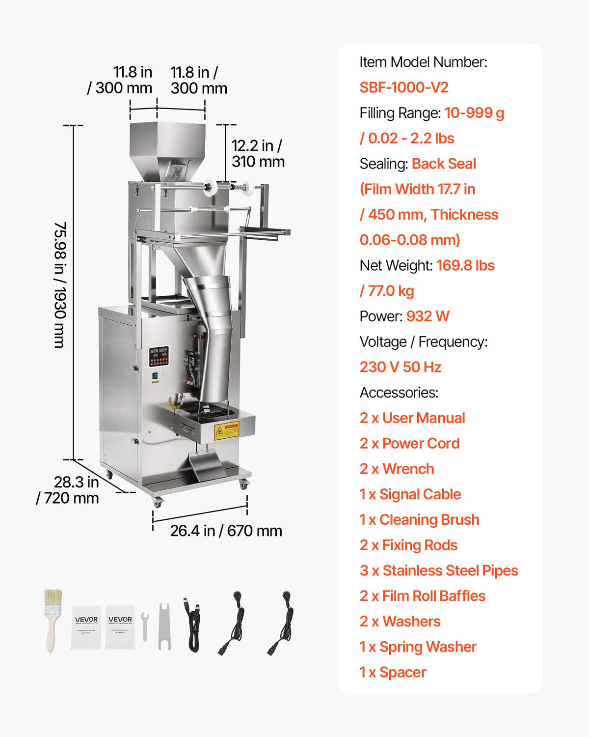 Miltelių ir granulių pakavimo aparatas VEVOR SBF-1000-V2, 10–999 g