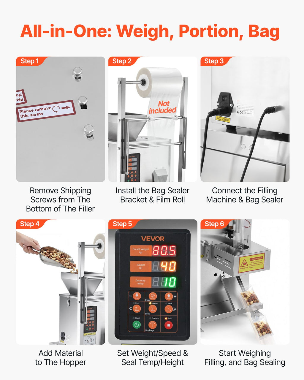 Automatinė birių produktų dozavimo ir pakavimo mašina VEVOR SBF-100-V2, 1–99,9 g