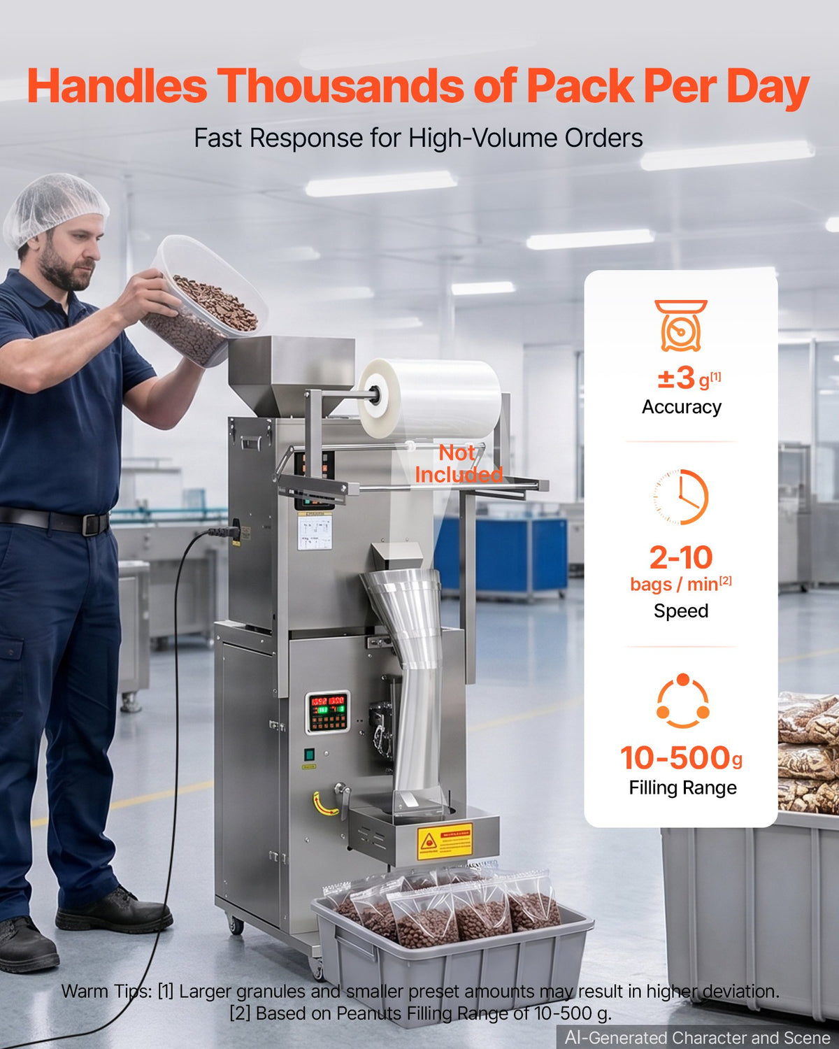Automatinė birių produktų pakavimo ir sandarinimo mašina VEVOR SBF-500-V2, 10–500 g