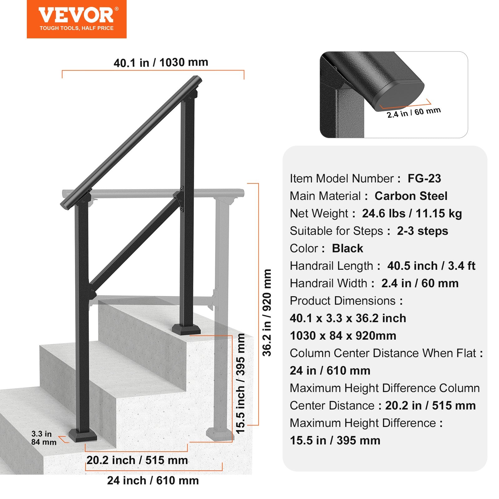 Lauko laiptų turėklas VEVOR FG-23, 2–3 pakopoms