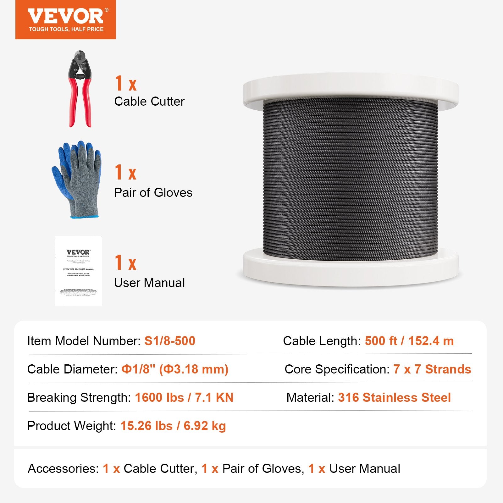Plieninis trosas VEVOR S1/8-500, 152,4 m ilgio
