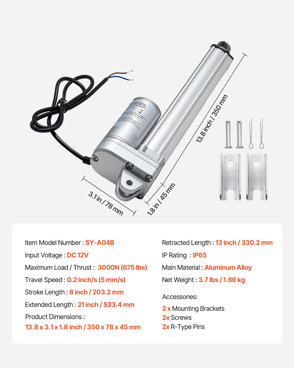 Linijinis pavaros mechanizmas VEVOR SY-A04B, 203,2 mm eiga