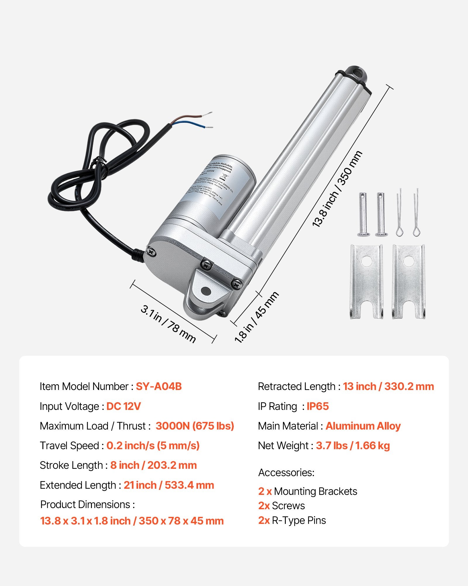 Linijinis pavaros mechanizmas VEVOR SY-A04B, 203,2 mm eiga