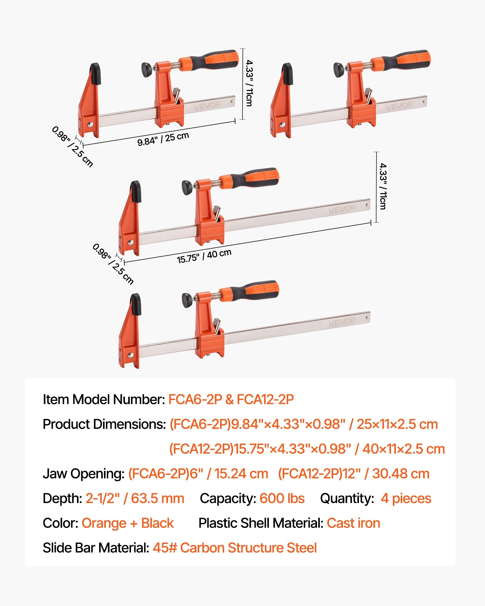 Veržtuvų rinkinys VEVOR FCA6-2P & FCA12-2P, 15 cm ir 30 cm, 272 kg