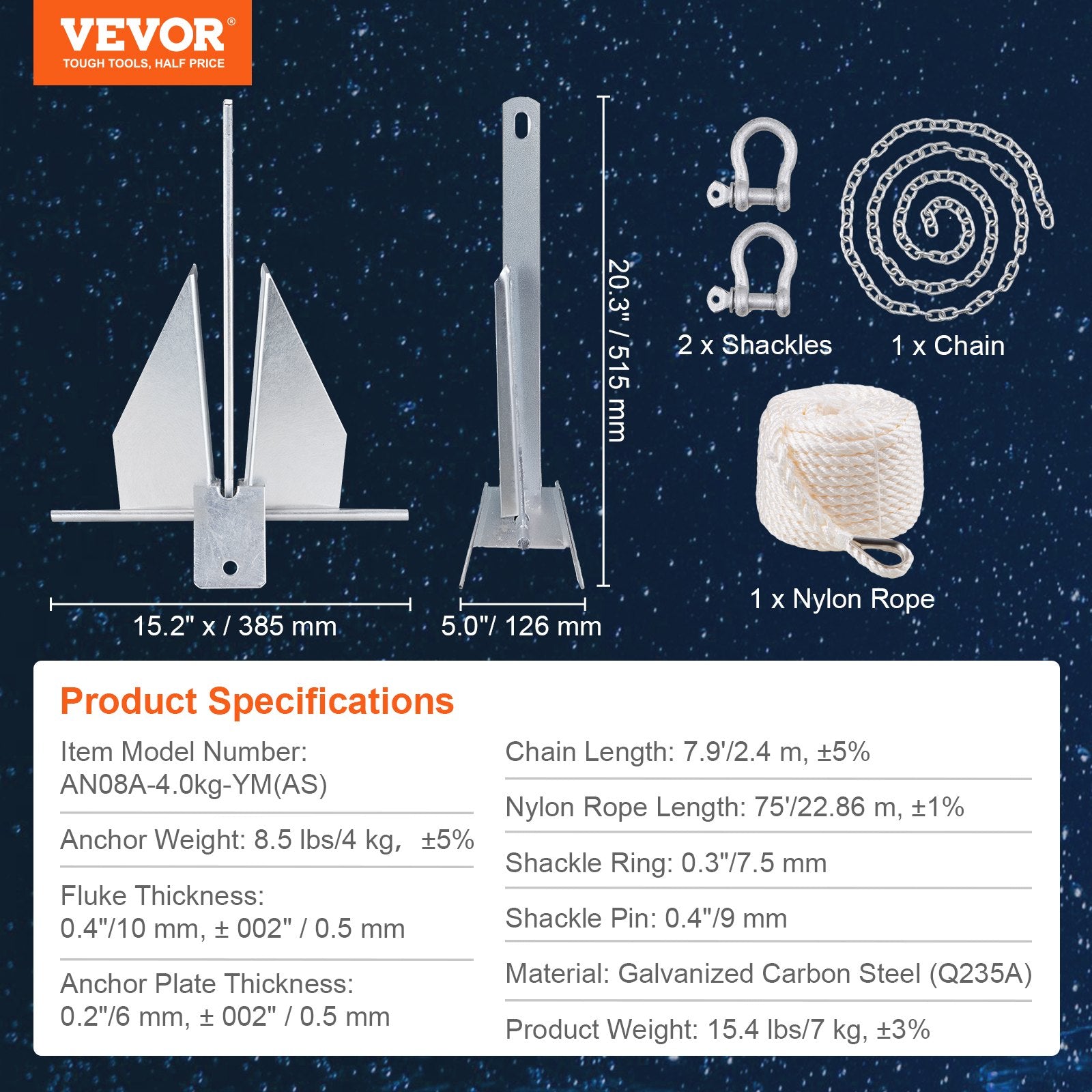Danforth tipo inkaras VEVOR AN08A-4.0kg-YM(AS), 4 kg