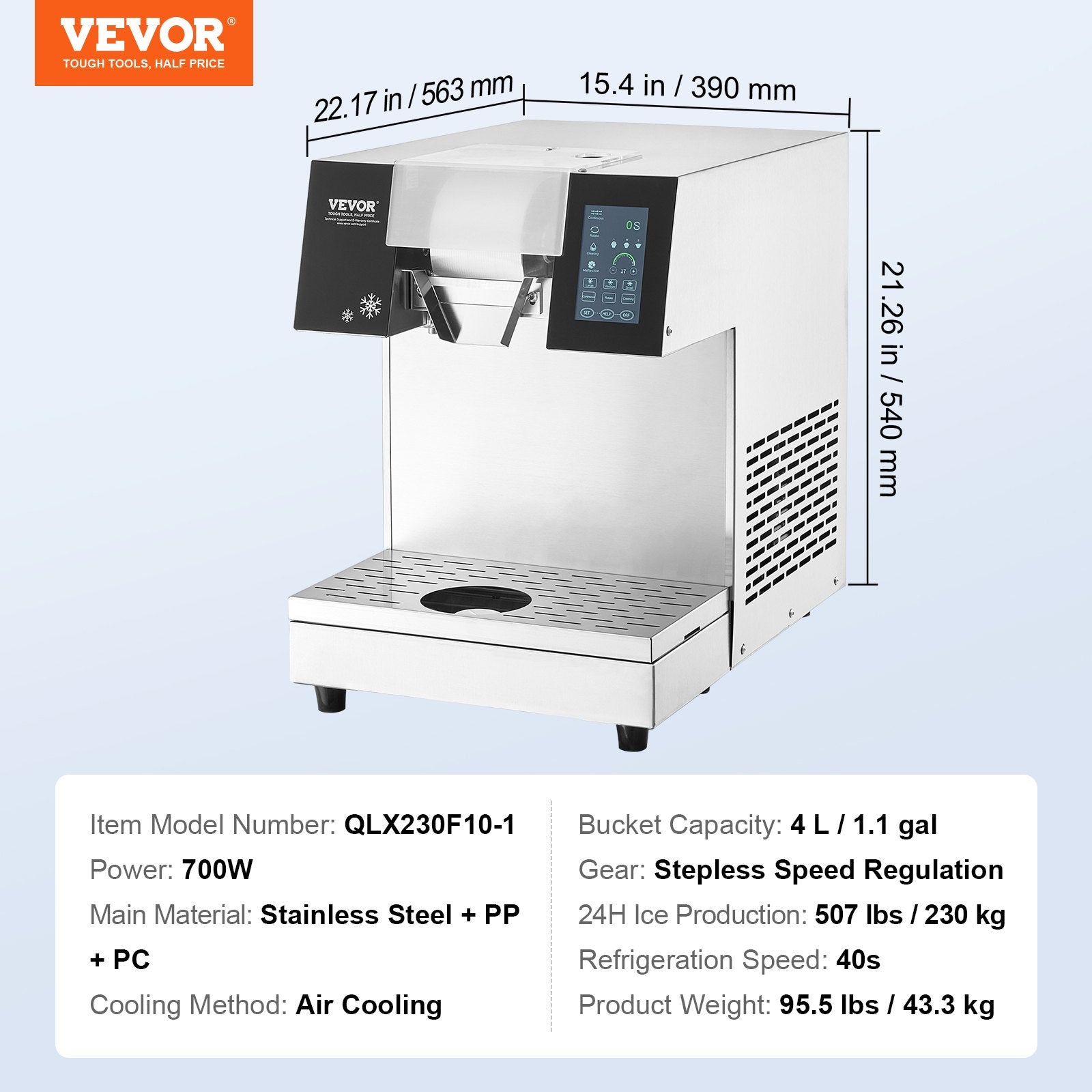 Pramoninis snaigių ledo gaminimo aparatas VEVOR QLX230F10-1, 230 kg/24h