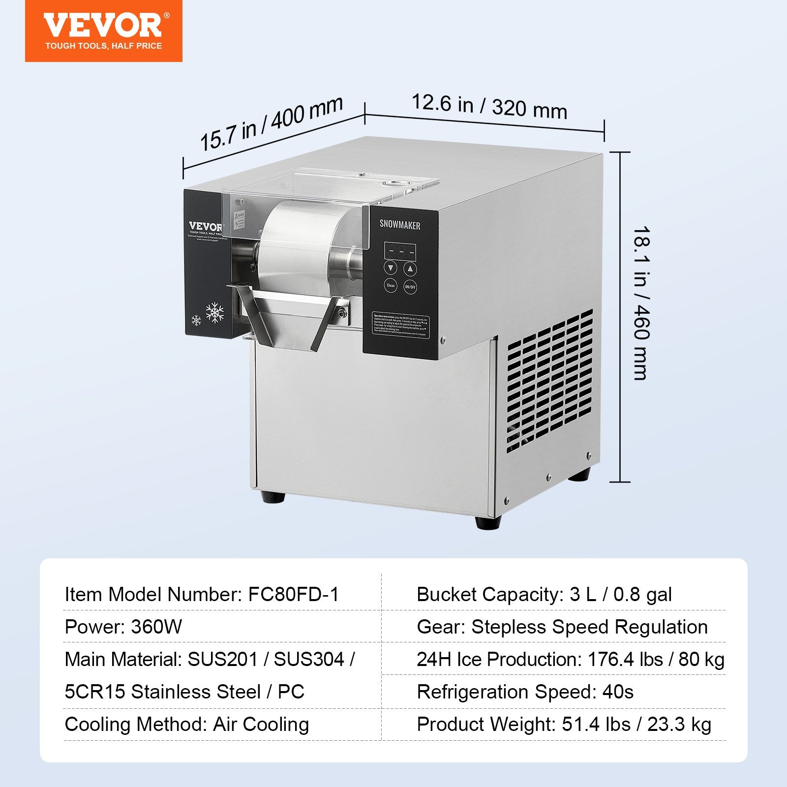 Komercinis snaigių ledo gaminimo aparatas VEVOR FC80FD-1, 80 kg/24h
