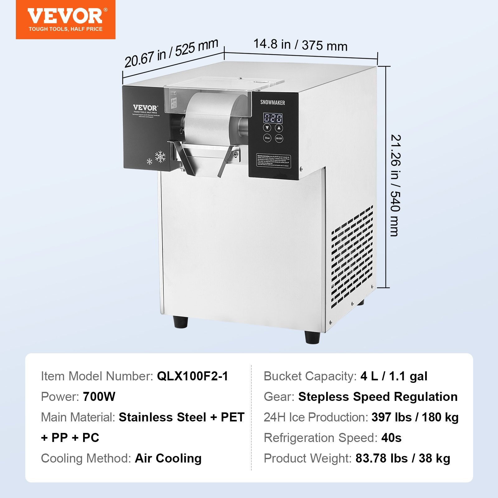 Pramoninis snaigių ledo gaminimo aparatas VEVOR QLX100F2-1, 180 kg/24 val.