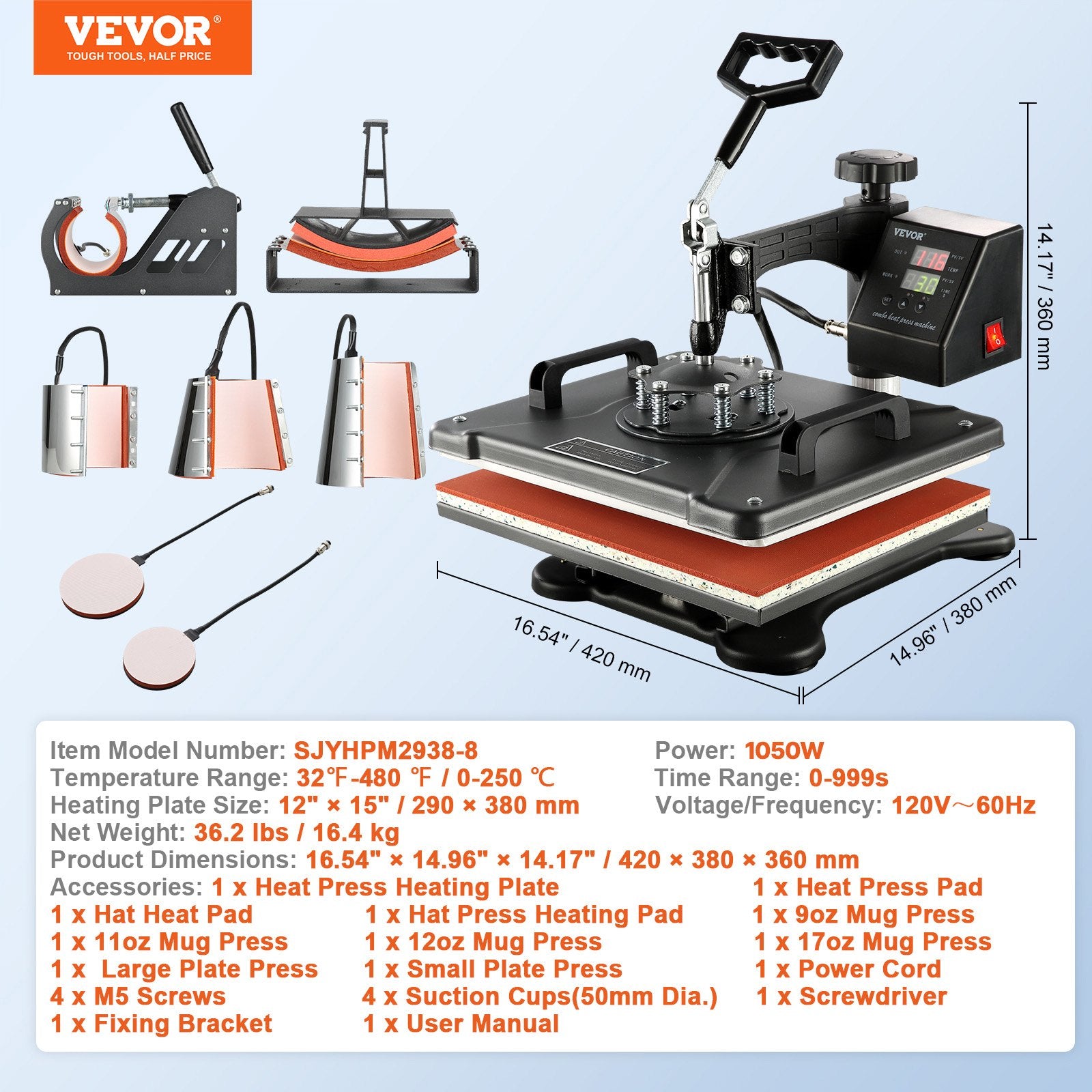 Termopresas VEVOR 8-in-1, 38x30 cm