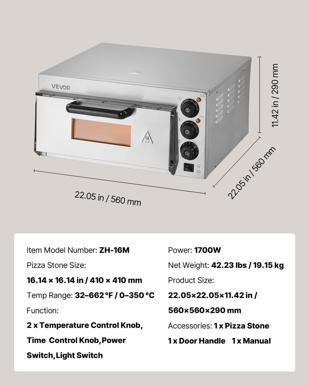 Elektrinė picų krosnis VEVOR FY-EP-1, 40,6 cm picoms