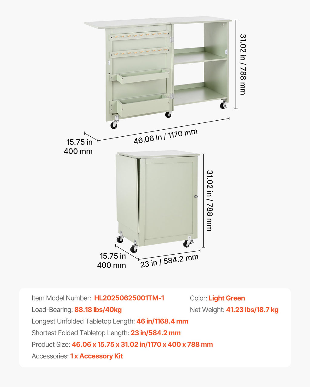 Sulankstomas siuvimo stalas VEVOR HL20250625001TM-1, 117 cm ilgio