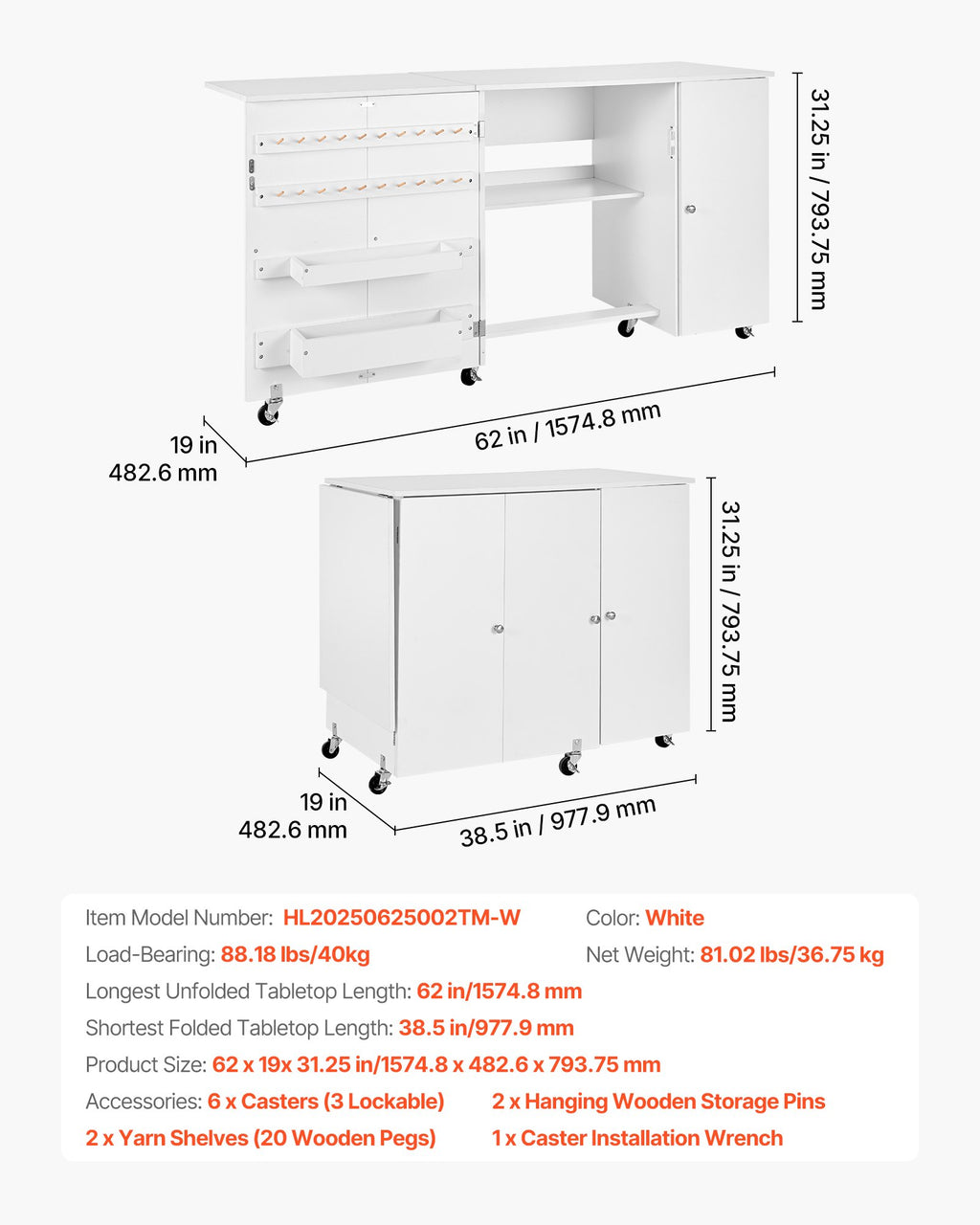 Sulankstomas siuvimo stalas VEVOR HL20250625002TM-W, 157 cm ilgio