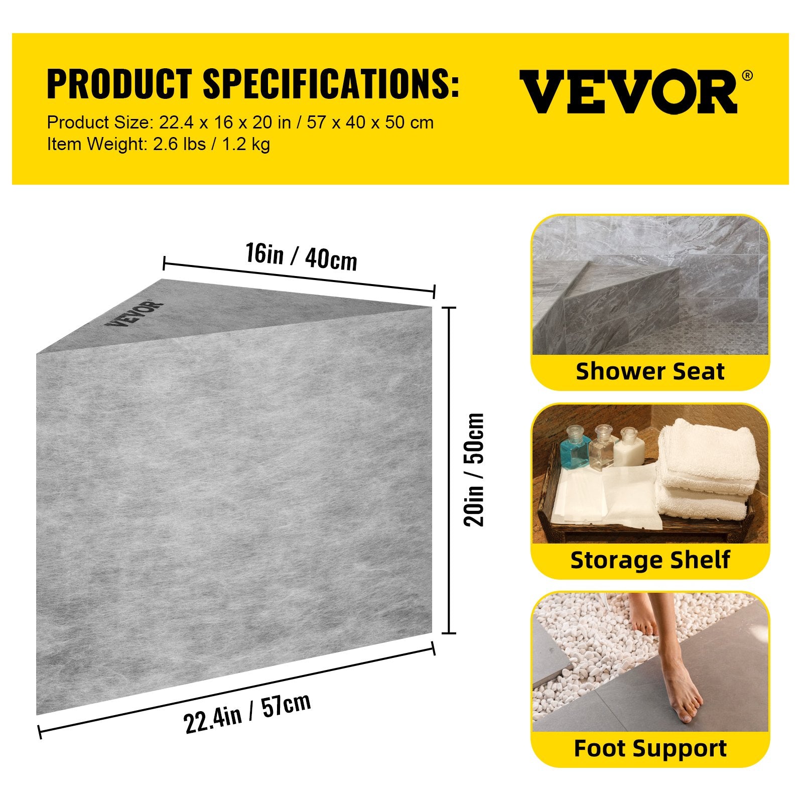 Plytelėmis klijuojamas dušo suoliukas VEVOR VV-FSLYD-S22.6, 200 kg apkrova