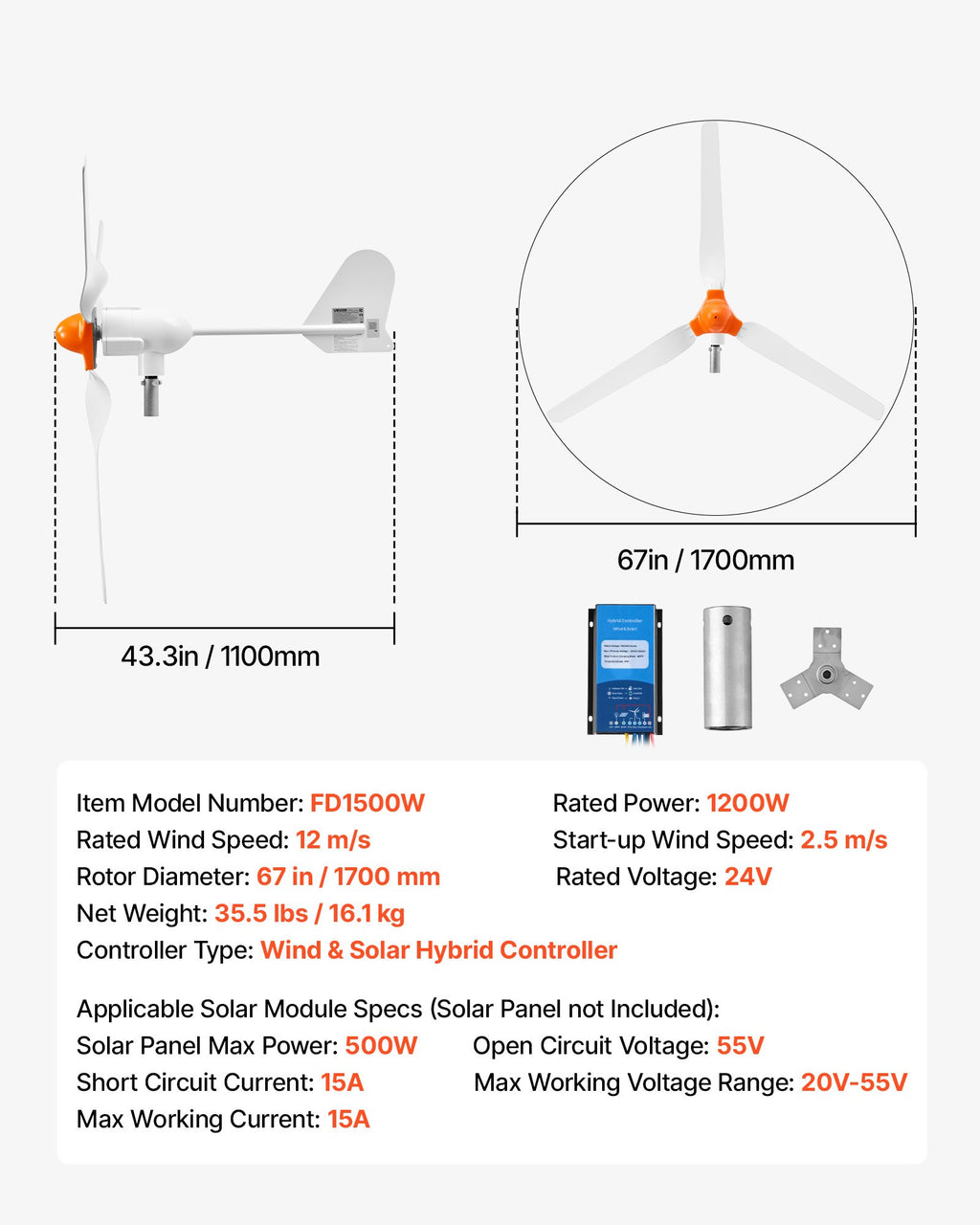 Vėjo jėgainė VEVOR FD1500W, 1200W, 24V