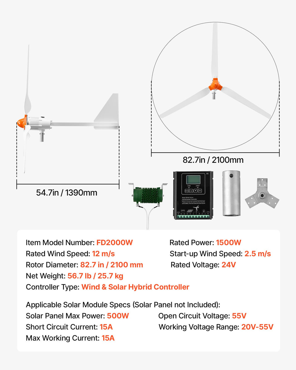 Vėjo jėgainė VEVOR FD2000W, 1500W 24V