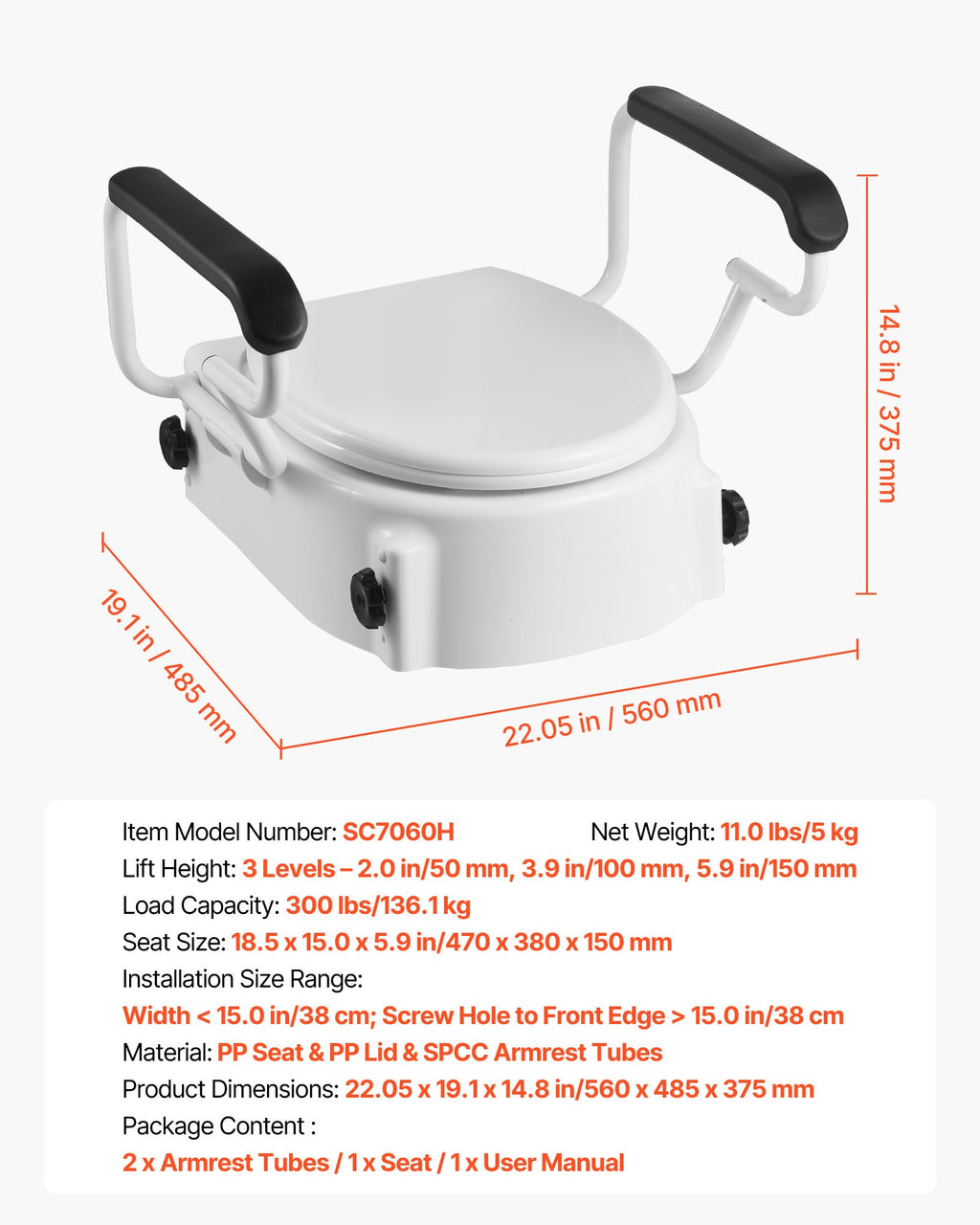 Paaukštinta tualeto sėdynė VEVOR SC7060H, 136,1 kg keliamoji galia