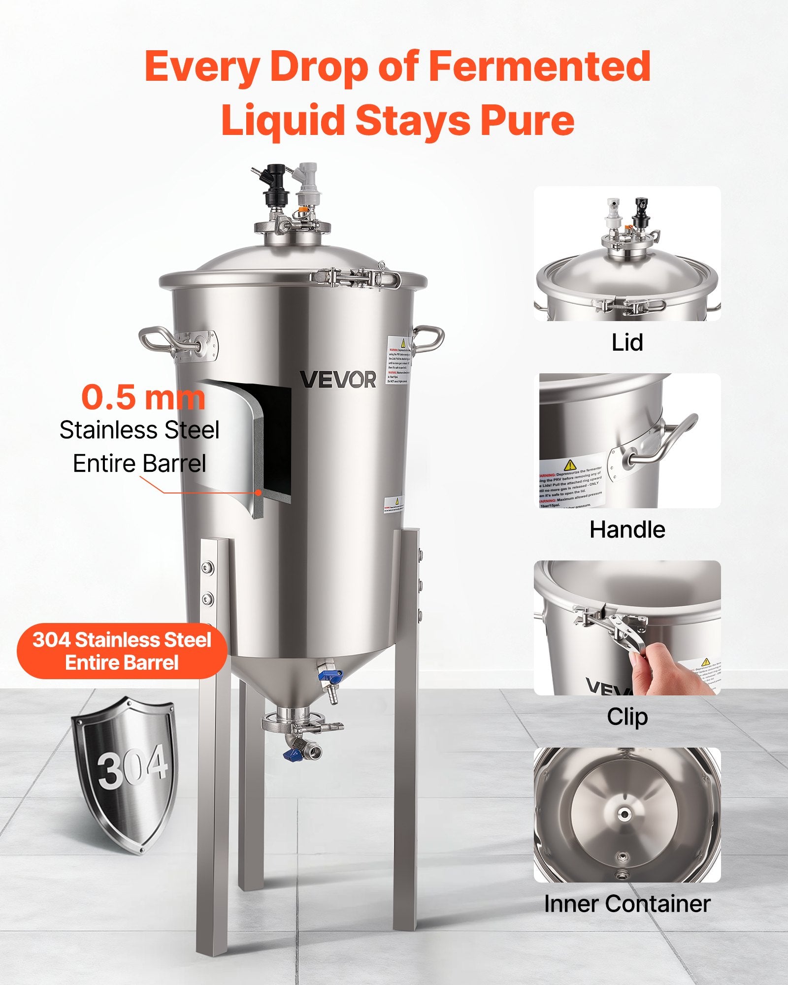 Koninis fermentatorius VEVOR DM-NF350-B, 30 l
