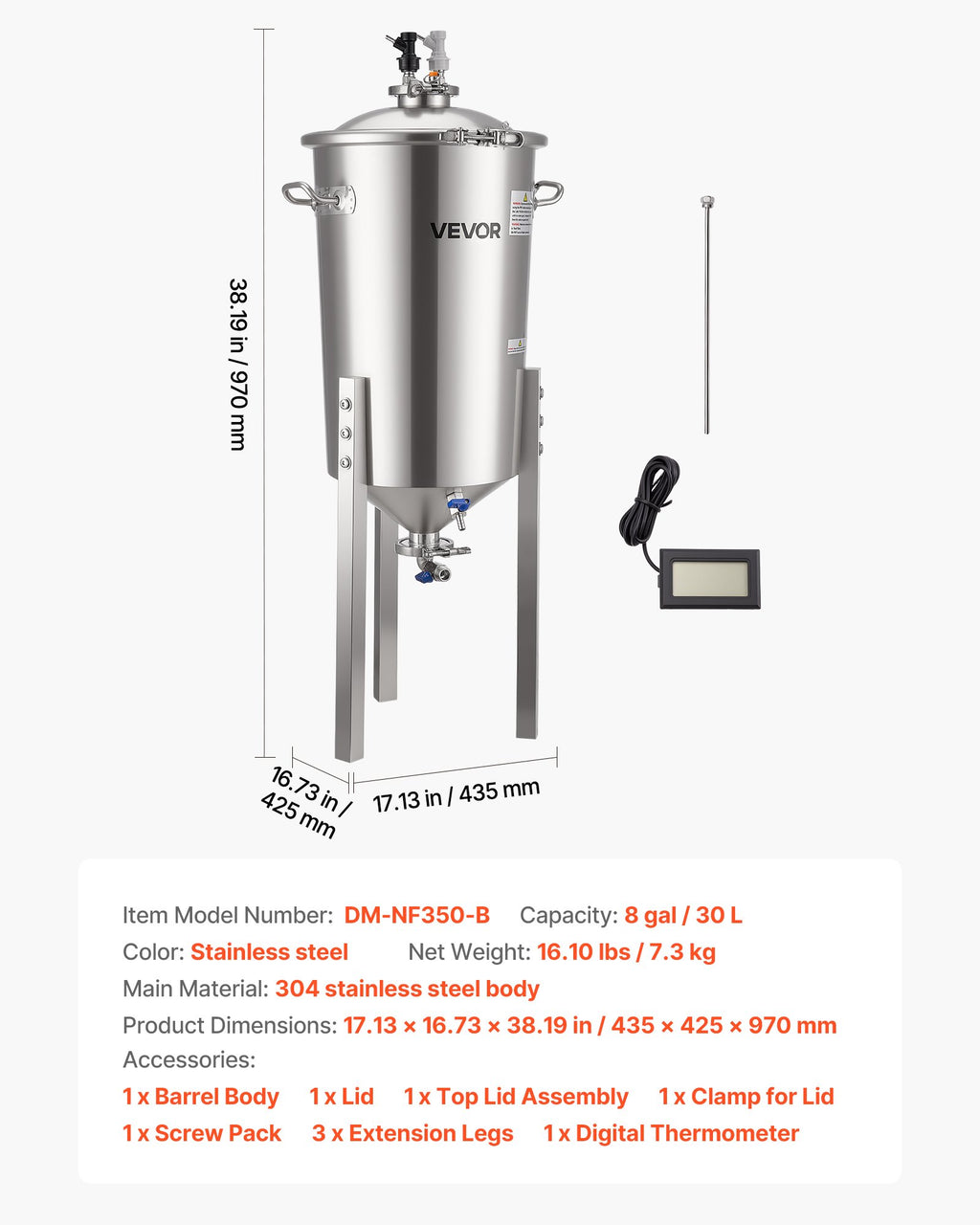 Koninis fermentatorius VEVOR DM-NF350-B, 30 l