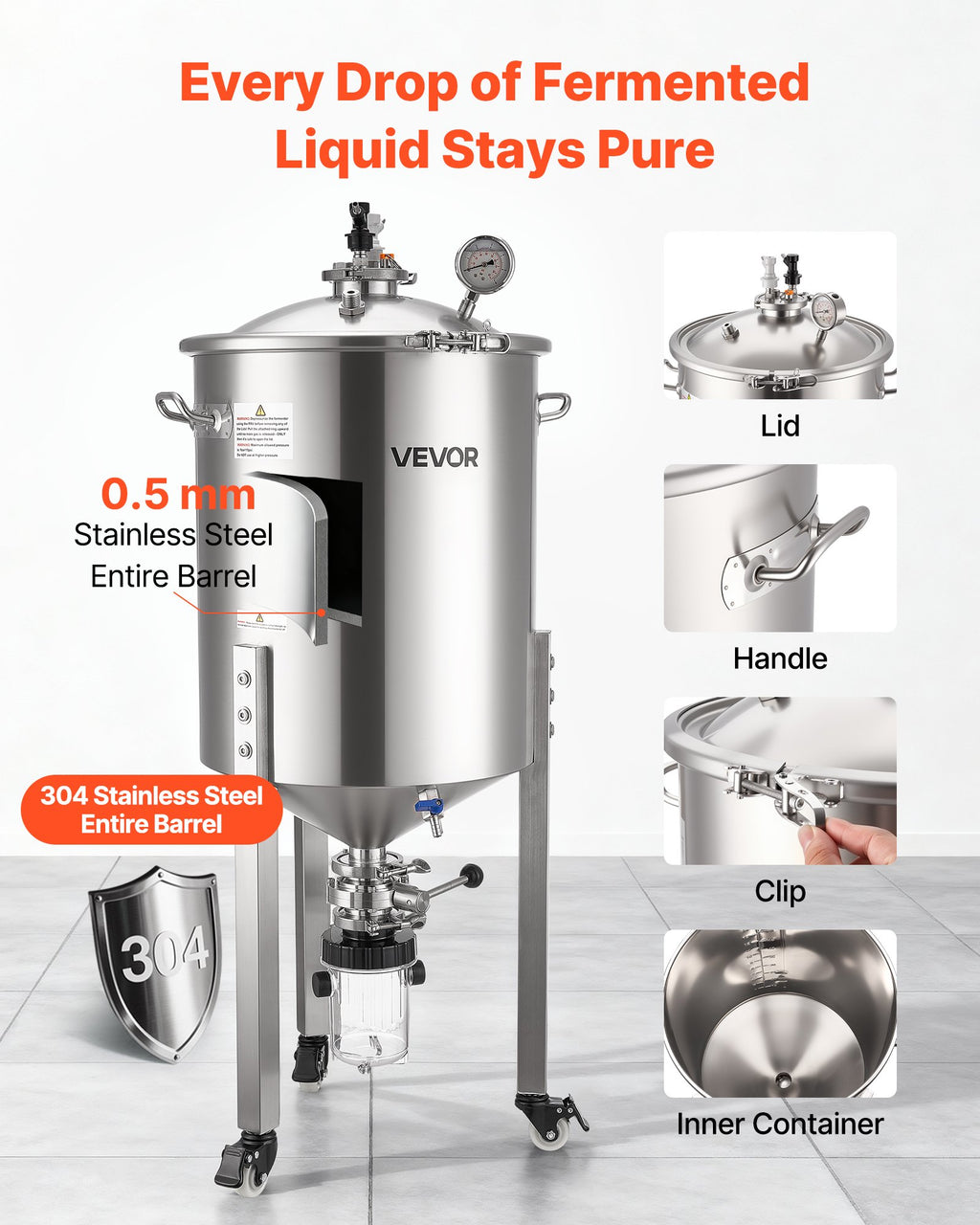 Konusinis fermentatorius VEVOR F60S02, 60 l