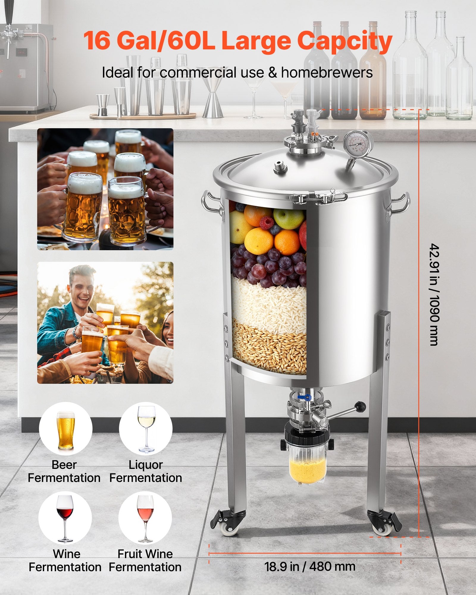 Konusinis fermentatorius VEVOR F60S02, 60 l