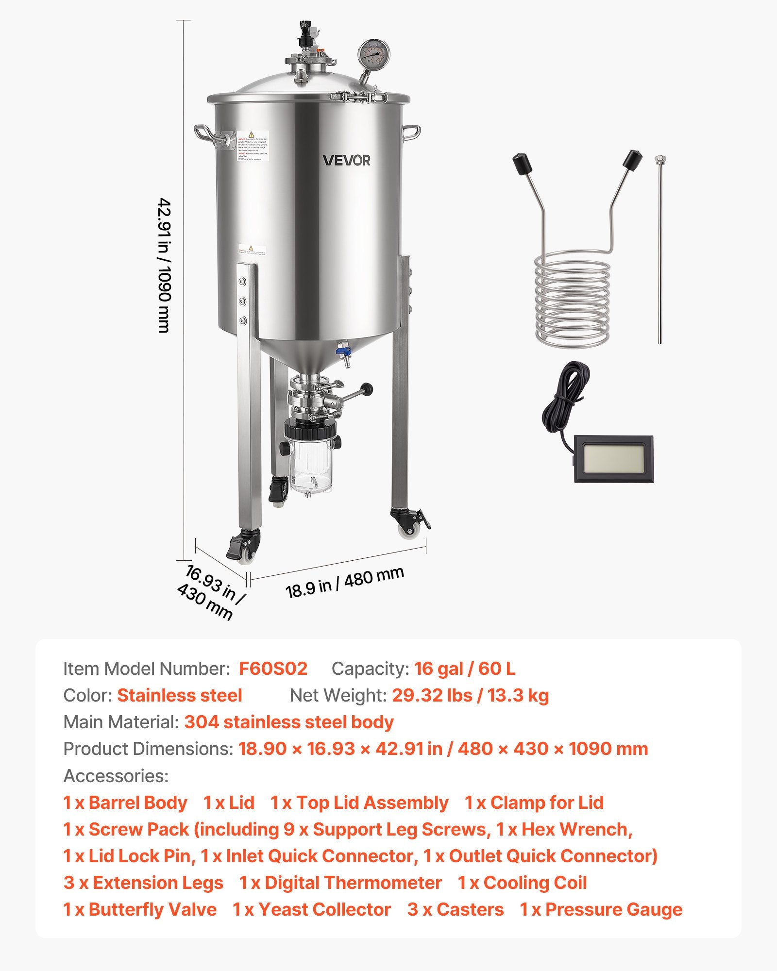 Konusinis fermentatorius VEVOR F60S02, 60 l