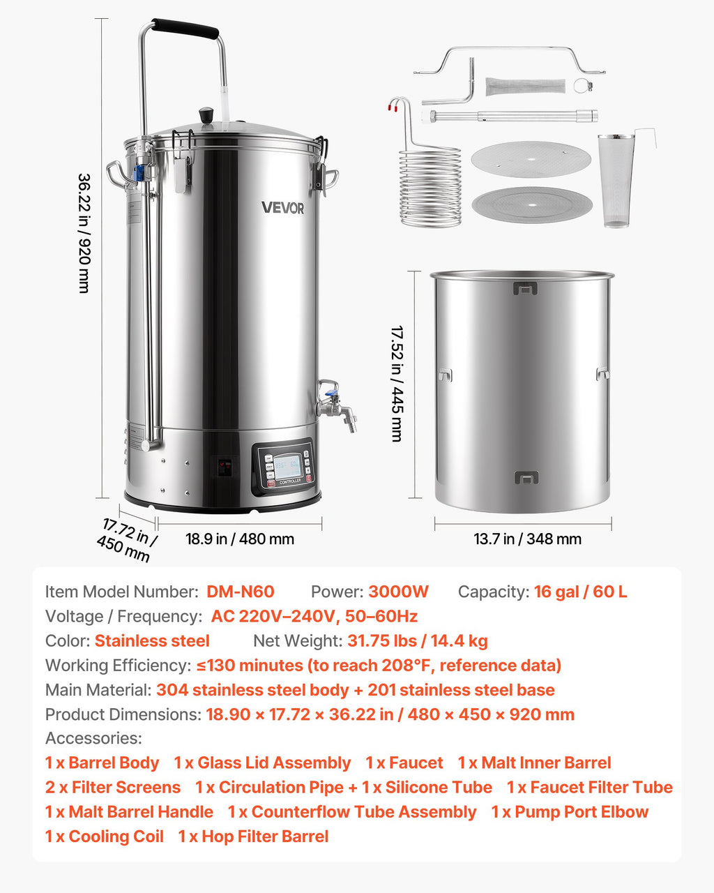 Elektrinė alaus virimo sistema VEVOR DM-N60, 60 l