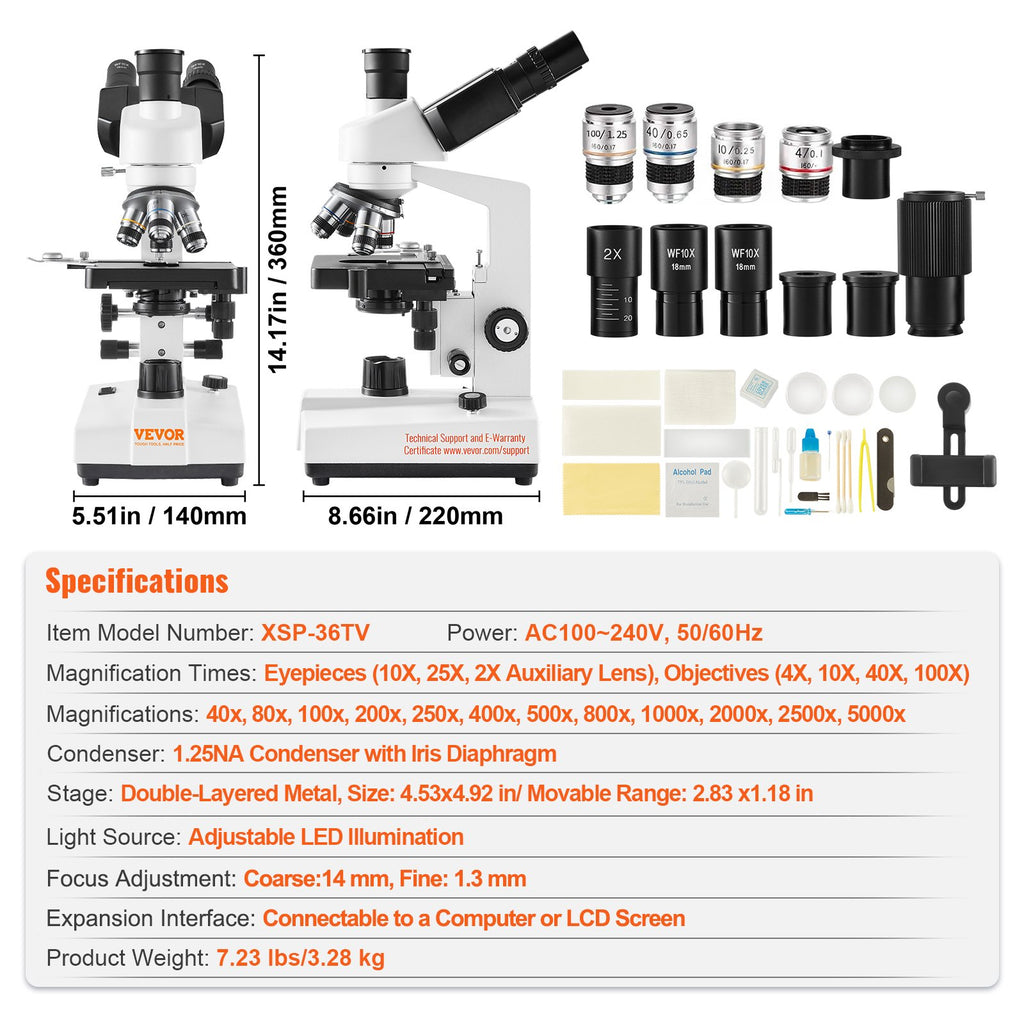 Trinokulinis mikroskopas VEVOR XSP-36TV, 40x-2500x didinimas