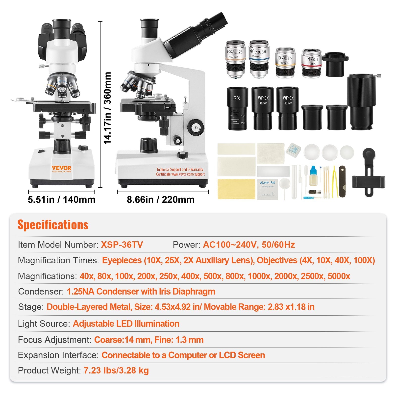 Trinokulinis mikroskopas VEVOR XSP-36TV, 40x-2500x didinimas