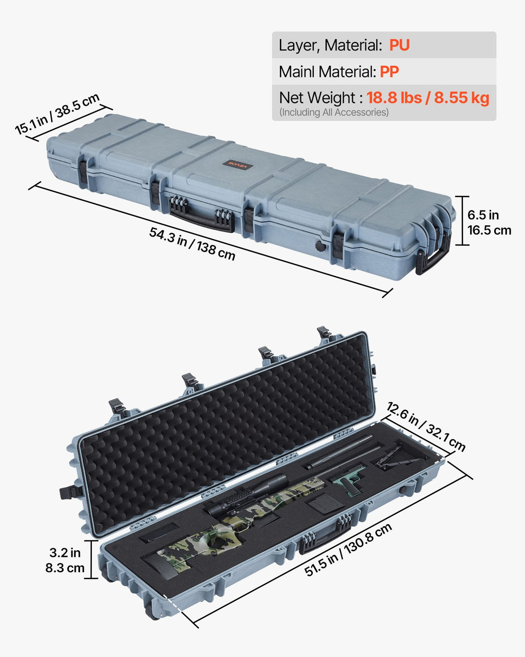 Kietas dėklas ginklams VEVOR 1303214, 138 cm