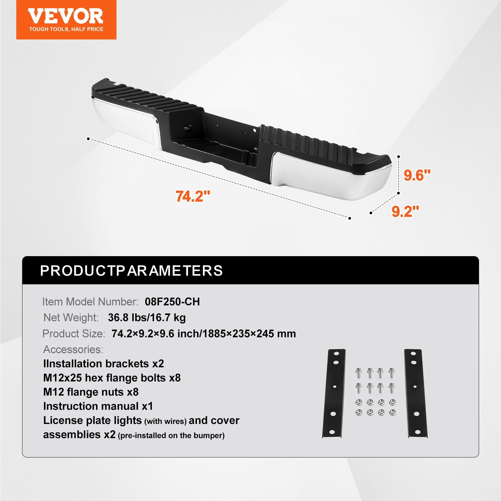 Galinis buferis su laipteliu VEVOR Ford F250 / F350 (2008–2016), chromuotas plienas