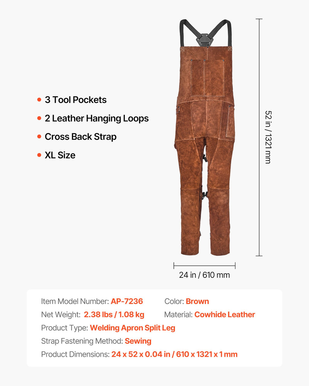 Suvirintojo prijuostė su praskirtomis kojomis VEVOR AP-7236, XL dydis