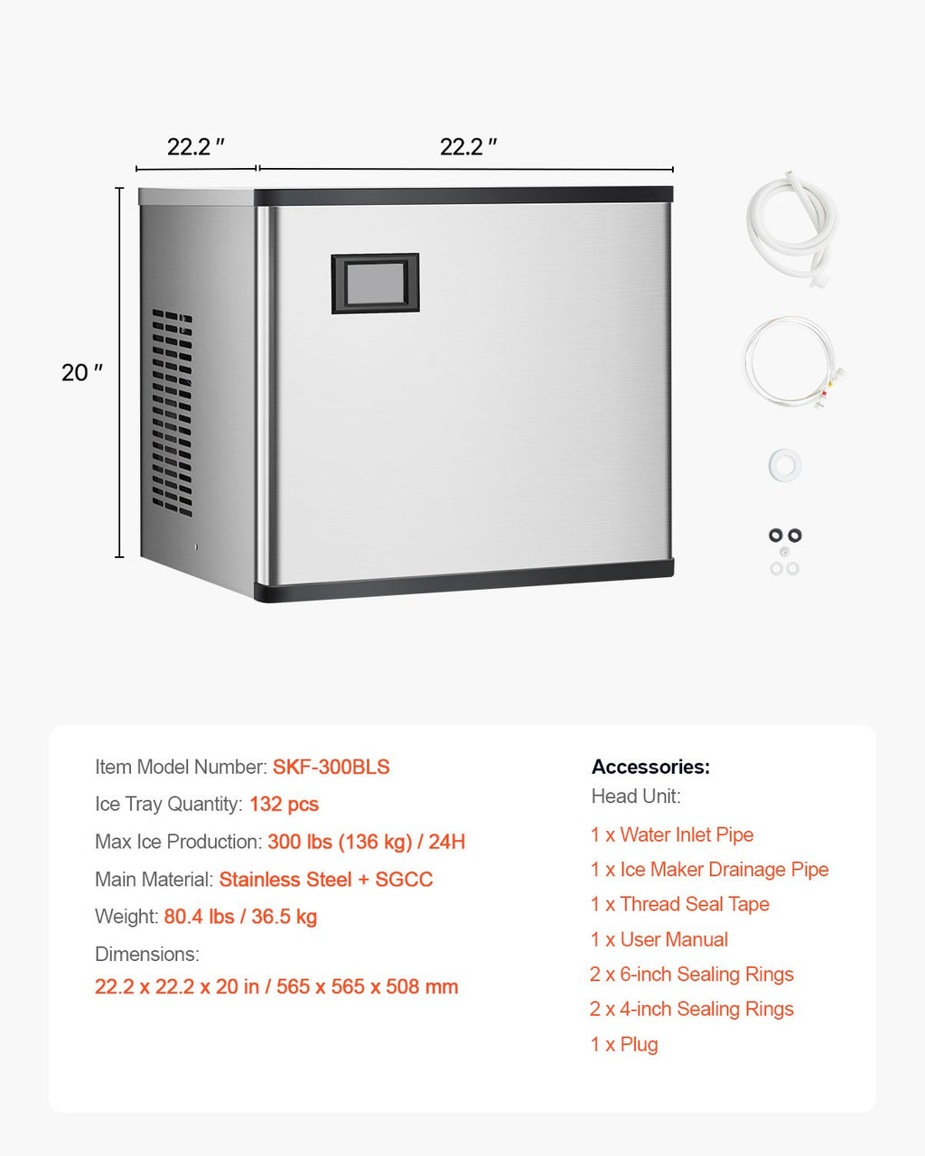Pramoninis ledo generatorius VEVOR SKF-300BLS, 136 kg/24 val.