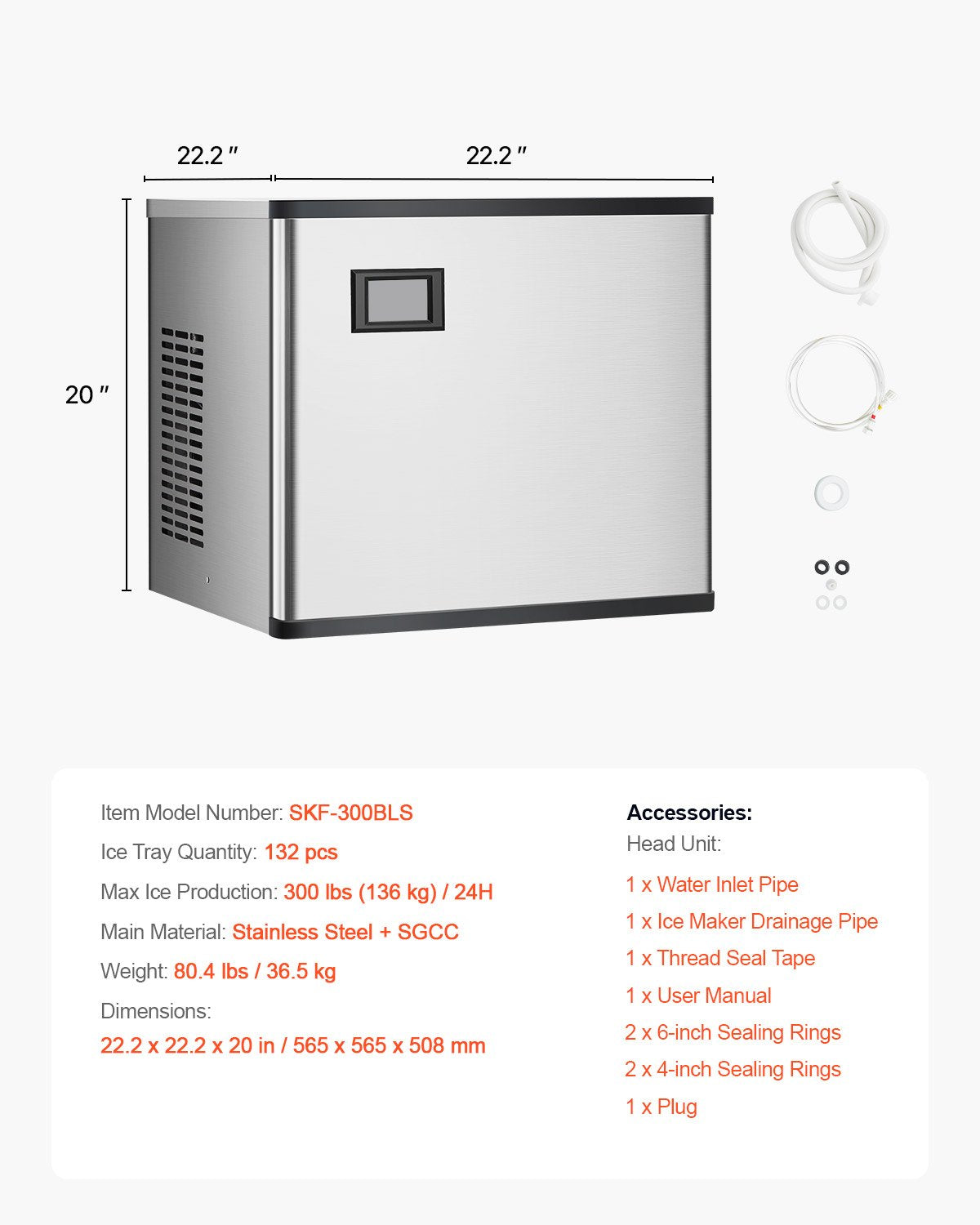 Pramoninis ledo generatorius VEVOR SKF-300BLS, 136 kg/24 val.