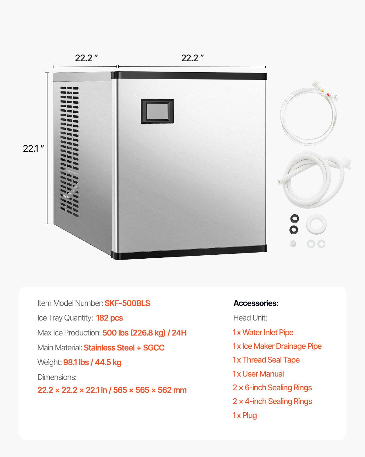 Pramoninis ledo generatorius VEVOR SKF-500BLS, 226 kg/24 val.