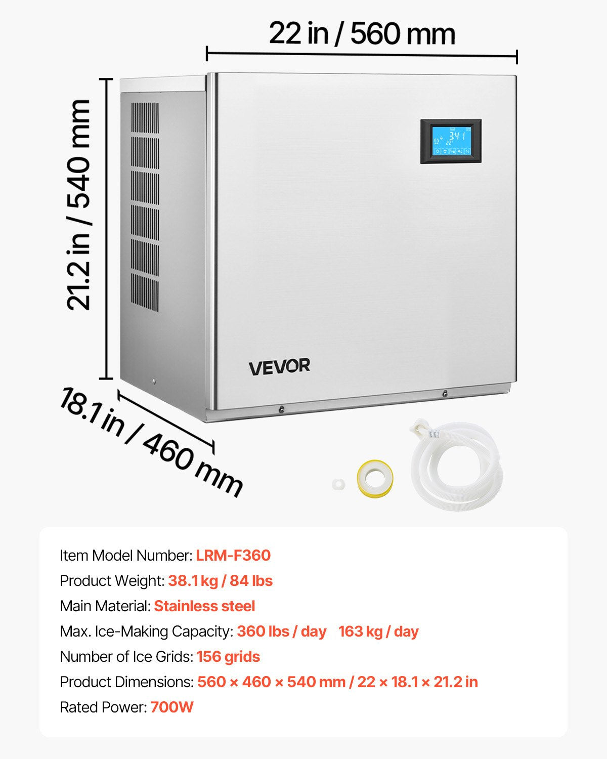 Pramoninis ledo generatorius VEVOR LRM-F360, 163 kg/parą