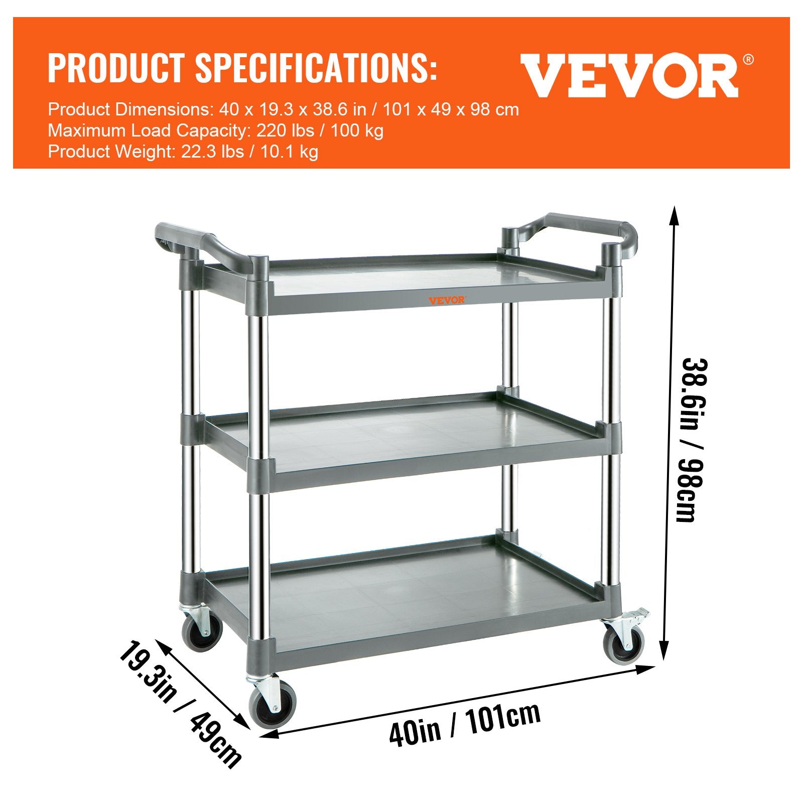 Serviravimo vežimėlis VEVOR 3 lentynų, 100 kg keliamoji galia