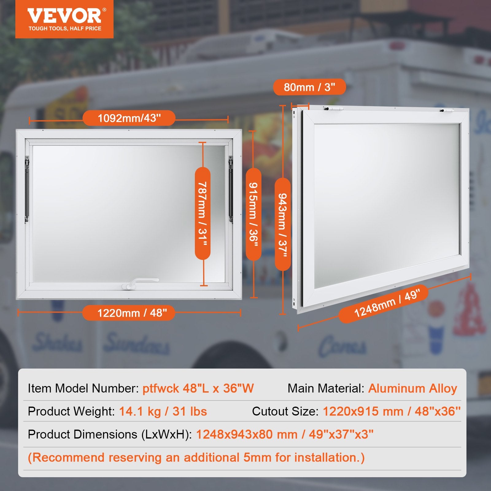 Prekybinis langas VEVOR ptfwck 48"x36", 1220x915 mm