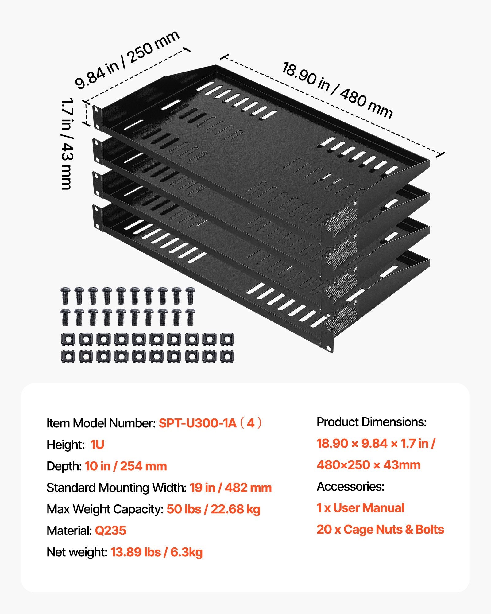 Serverinės spintos lentyna VEVOR SPT-U300-1A(4), 1U, 4 vnt.
