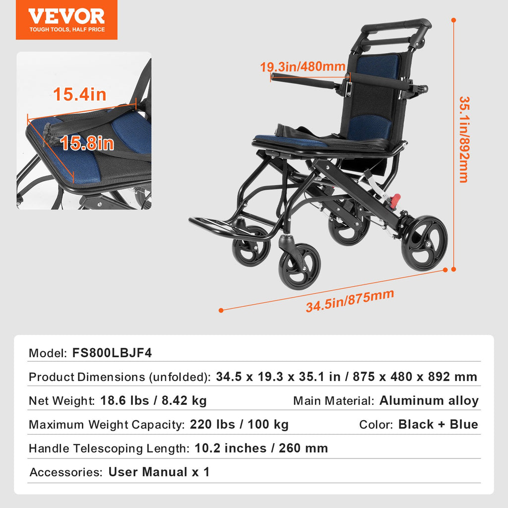 Neįgaliojo vežimėlis VEVOR FS800LBJF4, 100 kg apkrova