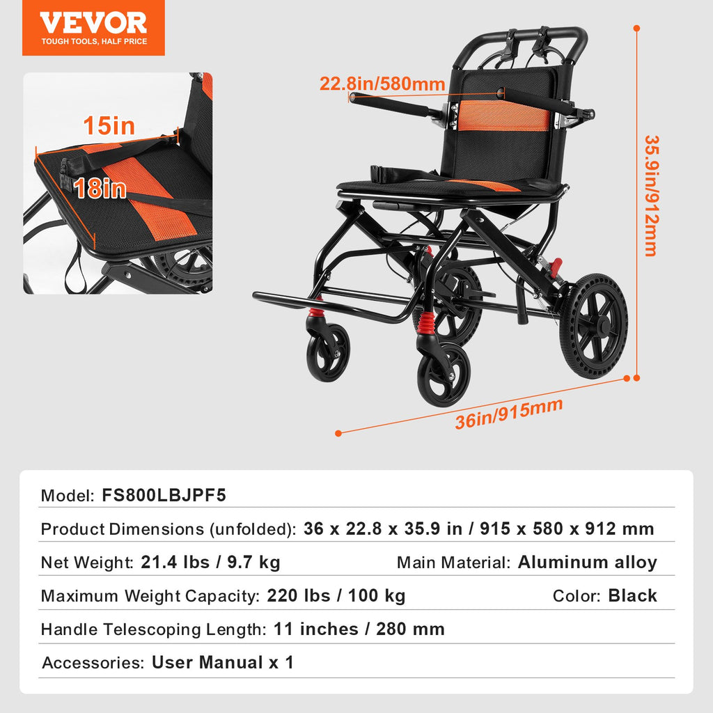 Neįgaliojo vežimėlis VEVOR FS800LBJPF5, 45,7 cm pločio sėdynė