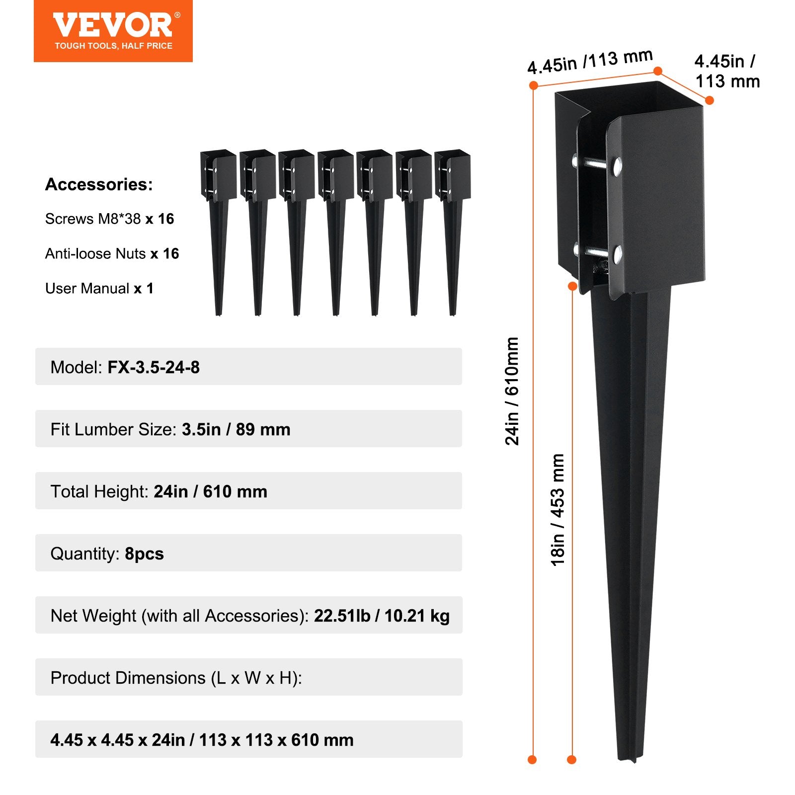 Tvoros stulpų pagrindas VEVOR FX-3.5-24-8, 8 vnt. komplektas