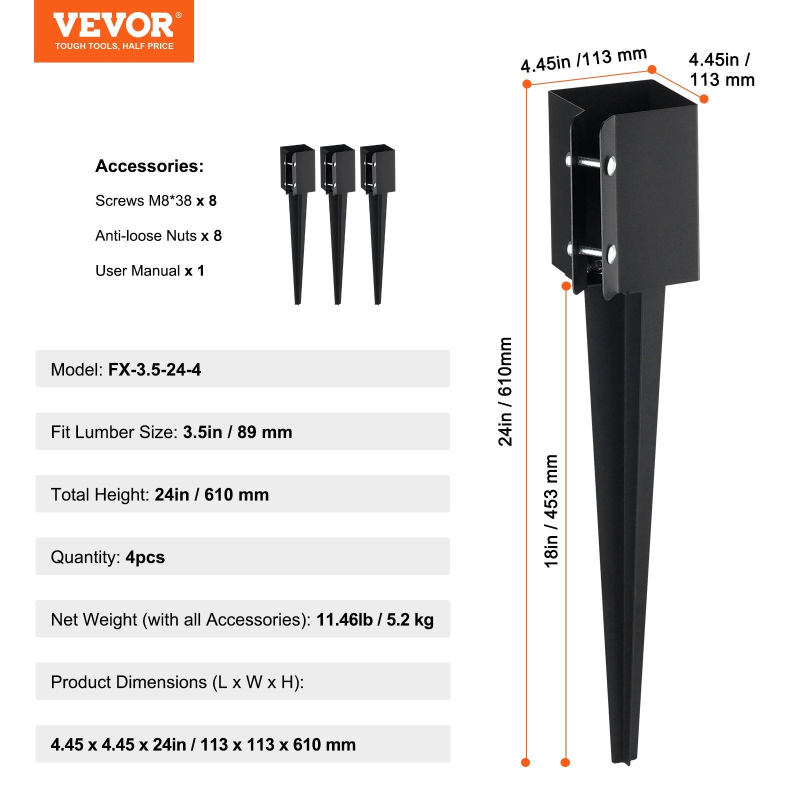 Tvoros stulpų laikikliai VEVOR FX-3.5-24-4, 4 vnt. komplektas, 89x89 mm stulpams