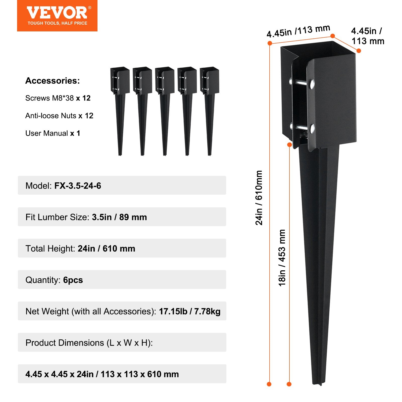 Tvoros stulpo pagrindas VEVOR FX-3.5-24-6, 6 vnt.