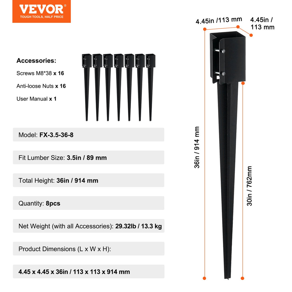 Tvoros stulpų pagrindai VEVOR FX-3.5-36-8, 8 vnt. komplektas