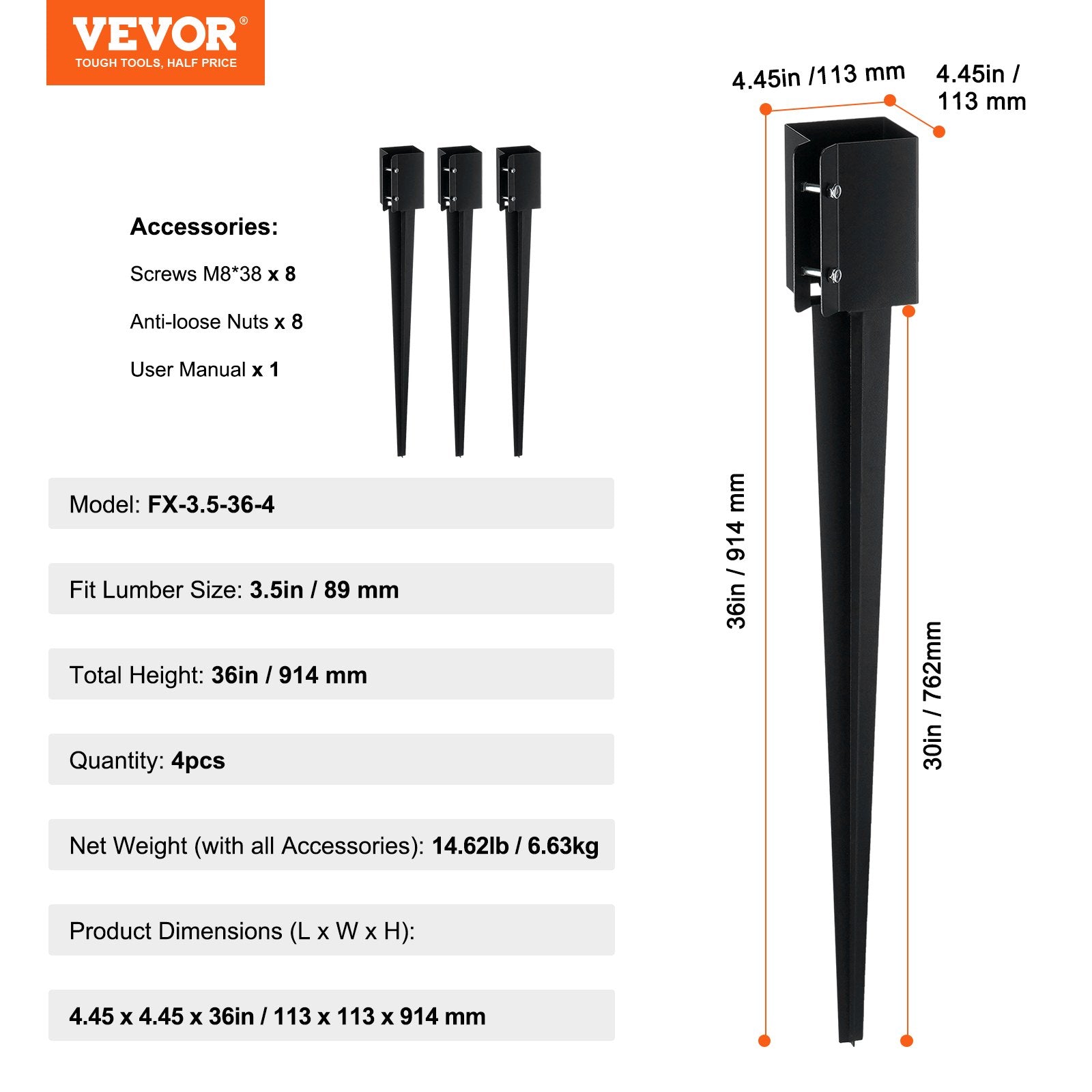 Tvoros stulpo smaigas VEVOR FX-3.5-36-4, 914 mm ilgio