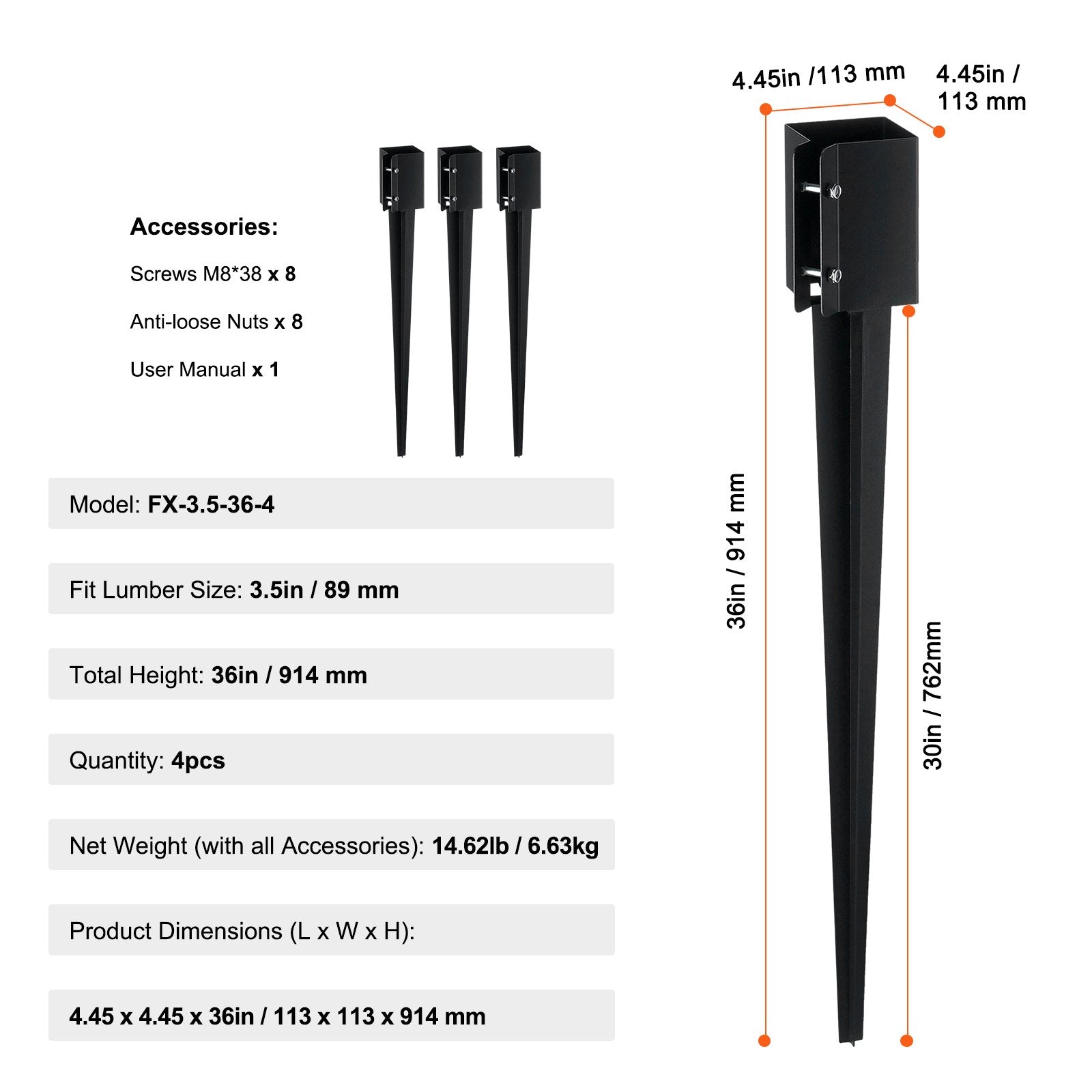 Tvoros stulpo smaigas VEVOR FX-3.5-36-4, 914 mm ilgio
