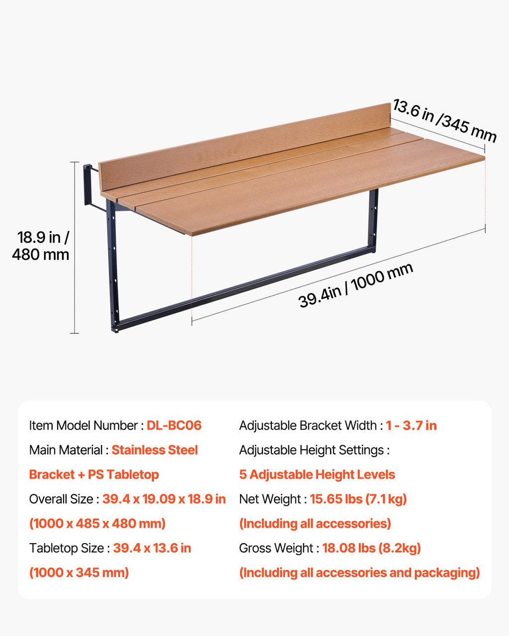 Pakabinamas balkono staliukas VEVOR DL-BC06, 100 x 34,5 cm